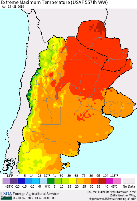 Southern South America Maximum Daily Temperature (USAF 557th WW) Thematic Map For 4/15/2019 - 4/21/2019