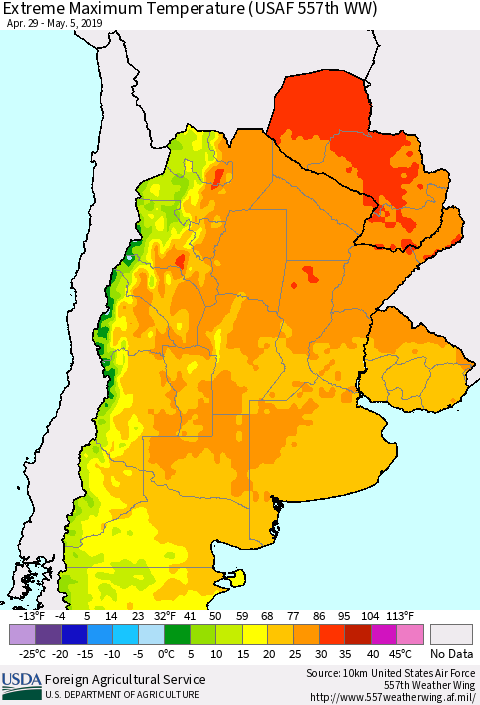 Southern South America Maximum Daily Temperature (USAF 557th WW) Thematic Map For 4/29/2019 - 5/5/2019