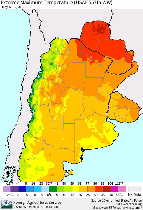 Southern South America Maximum Daily Temperature (USAF 557th WW) Thematic Map For 5/6/2019 - 5/12/2019