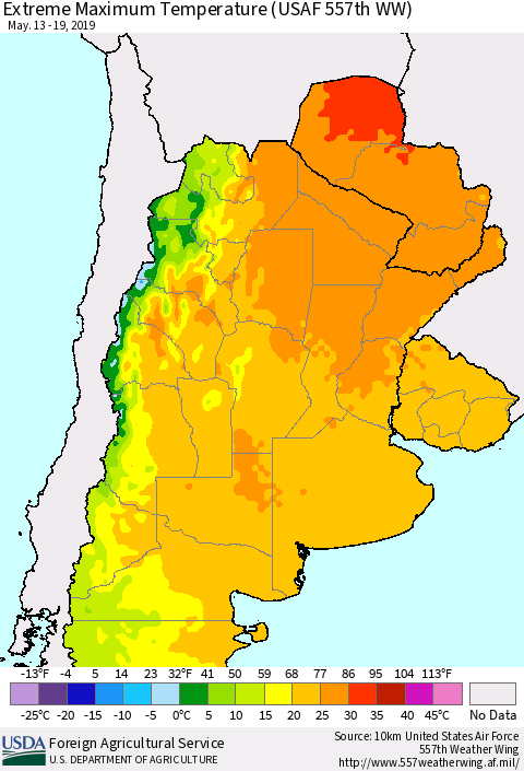 Southern South America Maximum Daily Temperature (USAF 557th WW) Thematic Map For 5/13/2019 - 5/19/2019