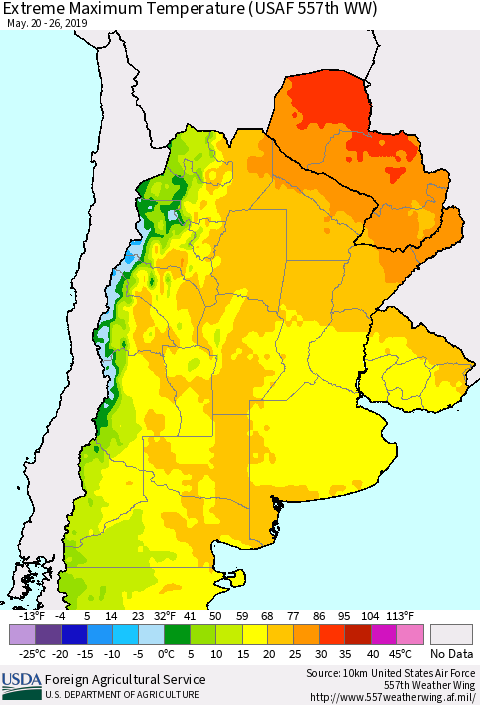 Southern South America Maximum Daily Temperature (USAF 557th WW) Thematic Map For 5/20/2019 - 5/26/2019