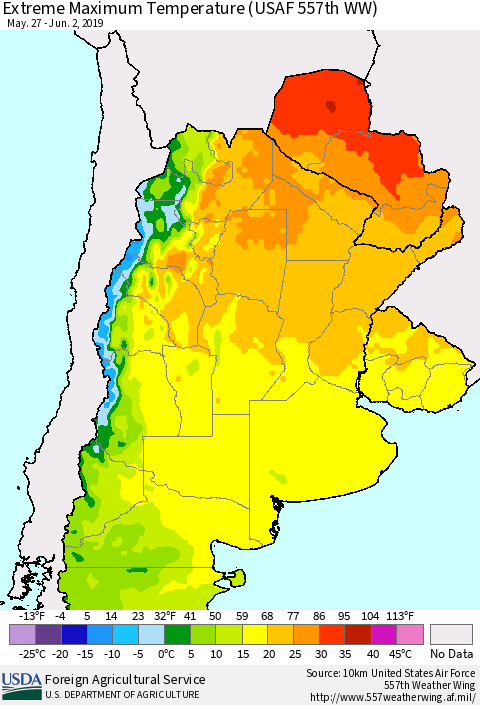 Southern South America Maximum Daily Temperature (USAF 557th WW) Thematic Map For 5/27/2019 - 6/2/2019