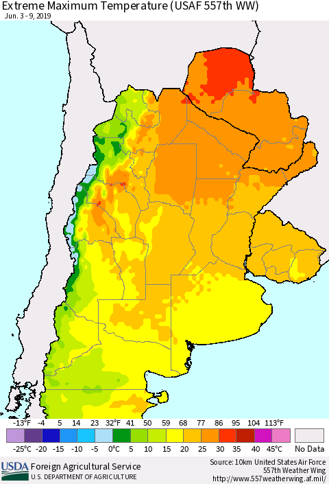 Southern South America Maximum Daily Temperature (USAF 557th WW) Thematic Map For 6/3/2019 - 6/9/2019