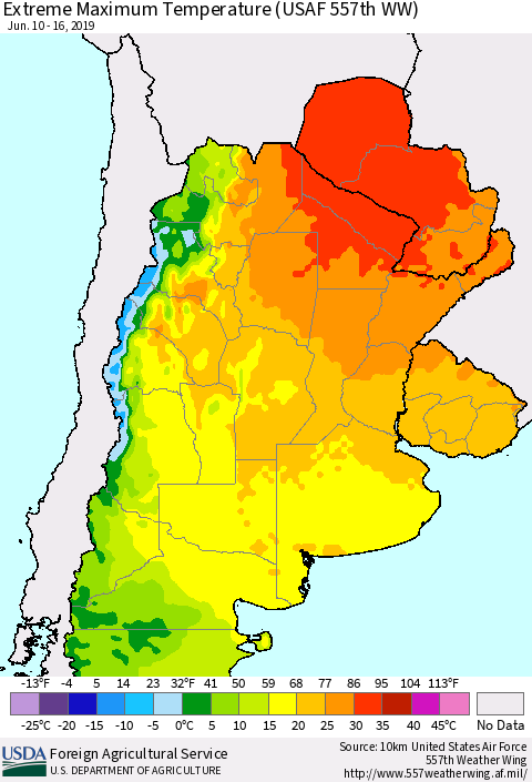 Southern South America Maximum Daily Temperature (USAF 557th WW) Thematic Map For 6/10/2019 - 6/16/2019