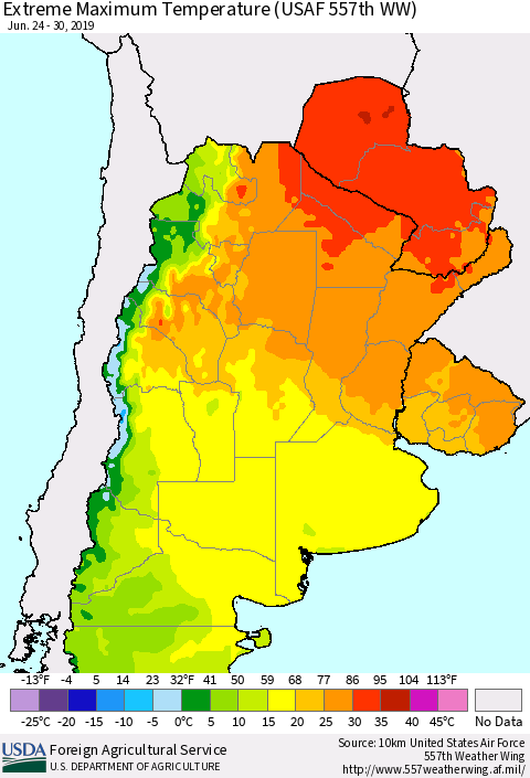 Southern South America Maximum Daily Temperature (USAF 557th WW) Thematic Map For 6/24/2019 - 6/30/2019