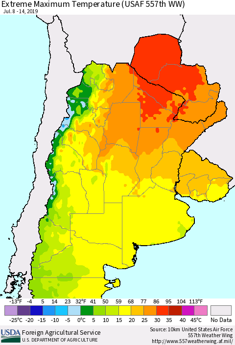 Southern South America Maximum Daily Temperature (USAF 557th WW) Thematic Map For 7/8/2019 - 7/14/2019
