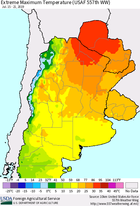 Southern South America Maximum Daily Temperature (USAF 557th WW) Thematic Map For 7/15/2019 - 7/21/2019