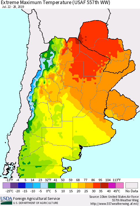Southern South America Maximum Daily Temperature (USAF 557th WW) Thematic Map For 7/22/2019 - 7/28/2019