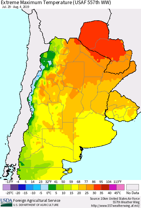 Southern South America Maximum Daily Temperature (USAF 557th WW) Thematic Map For 7/29/2019 - 8/4/2019