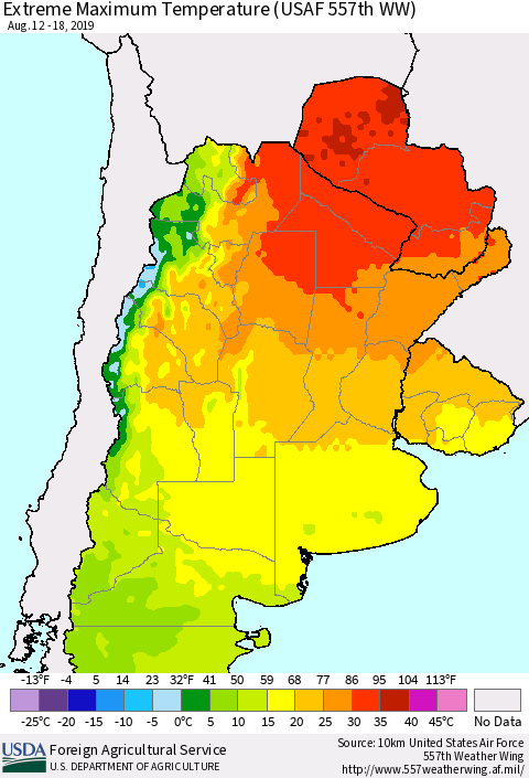 Southern South America Maximum Daily Temperature (USAF 557th WW) Thematic Map For 8/12/2019 - 8/18/2019