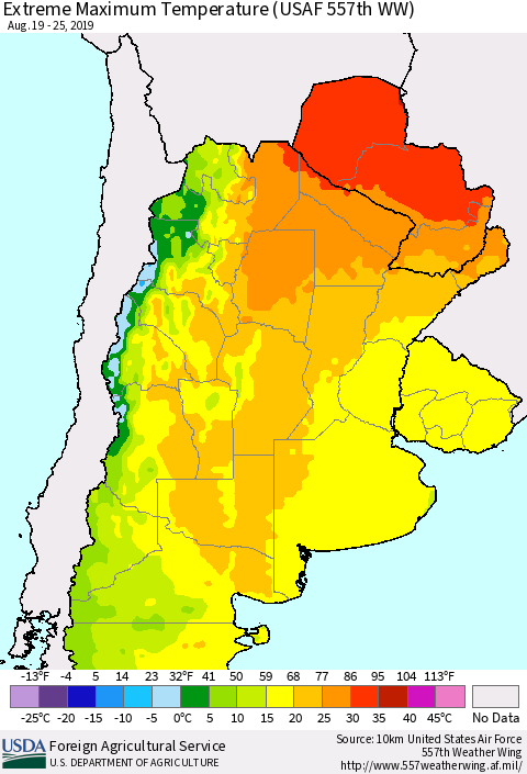Southern South America Maximum Daily Temperature (USAF 557th WW) Thematic Map For 8/19/2019 - 8/25/2019