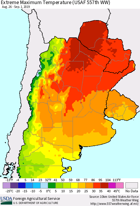 Southern South America Maximum Daily Temperature (USAF 557th WW) Thematic Map For 8/26/2019 - 9/1/2019