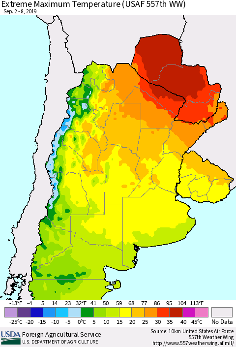 Southern South America Maximum Daily Temperature (USAF 557th WW) Thematic Map For 9/2/2019 - 9/8/2019