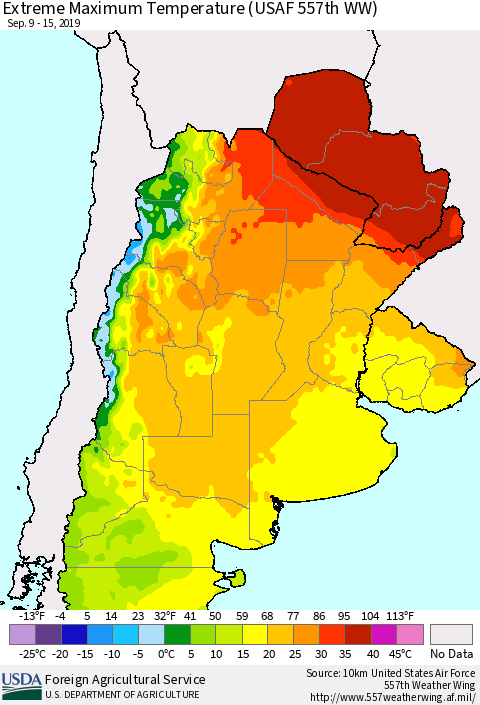Southern South America Maximum Daily Temperature (USAF 557th WW) Thematic Map For 9/9/2019 - 9/15/2019