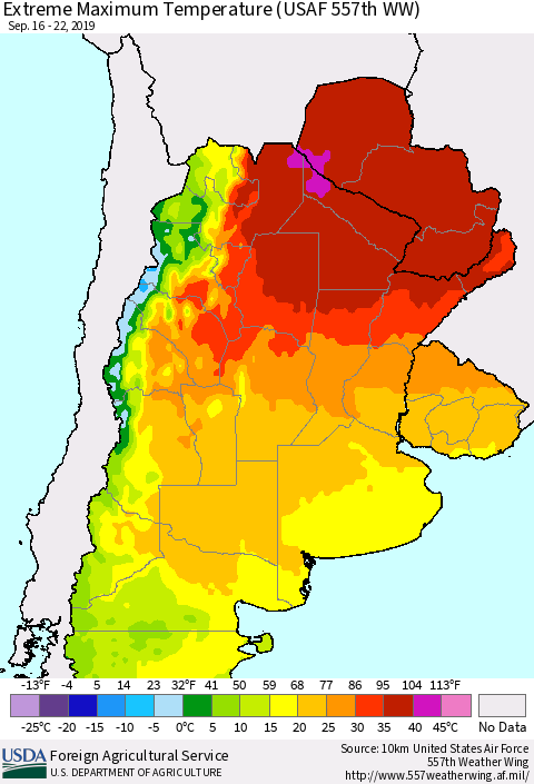 Southern South America Maximum Daily Temperature (USAF 557th WW) Thematic Map For 9/16/2019 - 9/22/2019