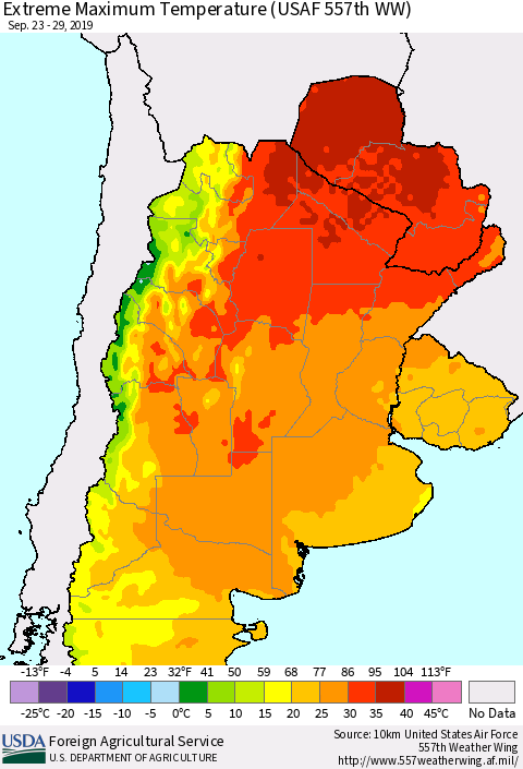 Southern South America Maximum Daily Temperature (USAF 557th WW) Thematic Map For 9/23/2019 - 9/29/2019