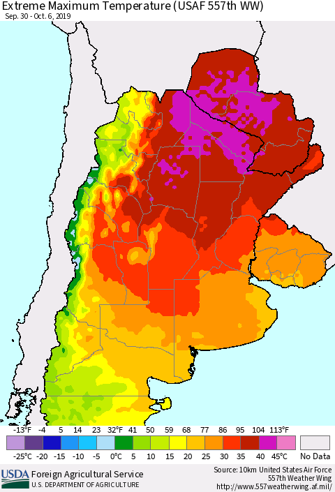 Southern South America Maximum Daily Temperature (USAF 557th WW) Thematic Map For 9/30/2019 - 10/6/2019