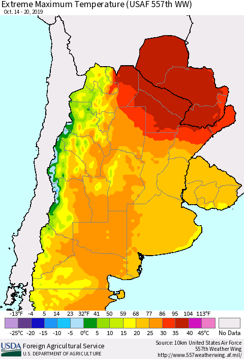 Southern South America Maximum Daily Temperature (USAF 557th WW) Thematic Map For 10/14/2019 - 10/20/2019