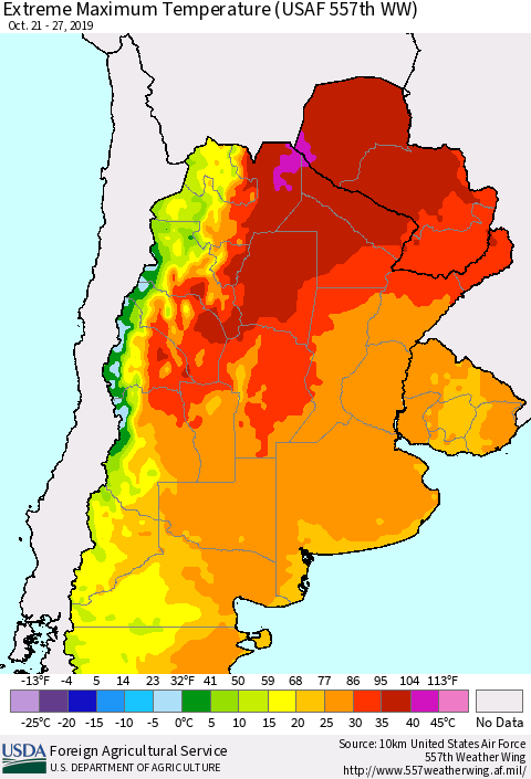 Southern South America Maximum Daily Temperature (USAF 557th WW) Thematic Map For 10/21/2019 - 10/27/2019