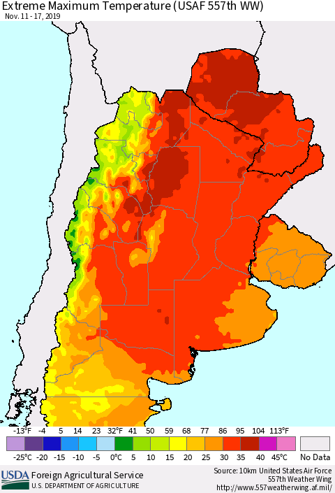 Southern South America Maximum Daily Temperature (USAF 557th WW) Thematic Map For 11/11/2019 - 11/17/2019
