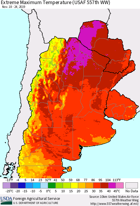 Southern South America Maximum Daily Temperature (USAF 557th WW) Thematic Map For 11/18/2019 - 11/24/2019