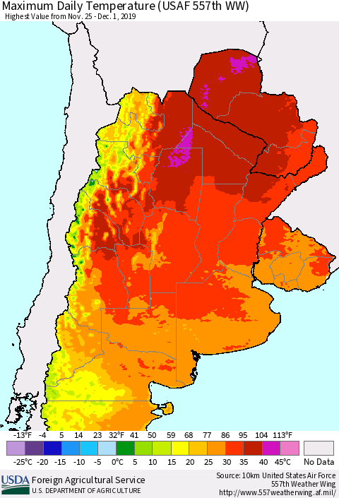 Southern South America Maximum Daily Temperature (USAF 557th WW) Thematic Map For 11/25/2019 - 12/1/2019