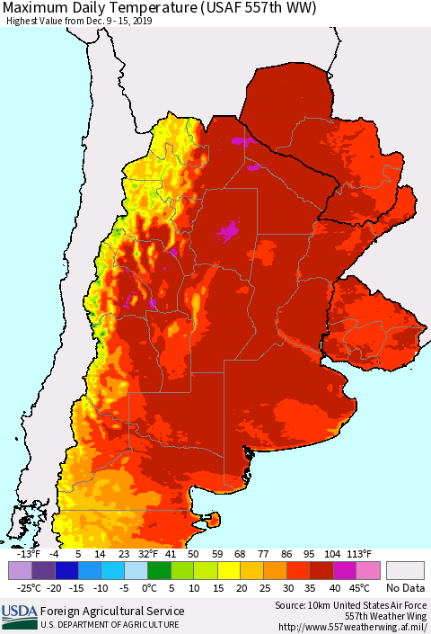 Southern South America Maximum Daily Temperature (USAF 557th WW) Thematic Map For 12/9/2019 - 12/15/2019
