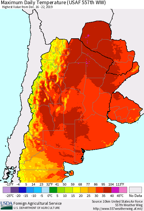 Southern South America Maximum Daily Temperature (USAF 557th WW) Thematic Map For 12/16/2019 - 12/22/2019