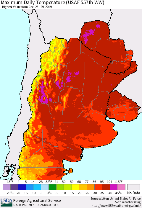 Southern South America Maximum Daily Temperature (USAF 557th WW) Thematic Map For 12/23/2019 - 12/29/2019