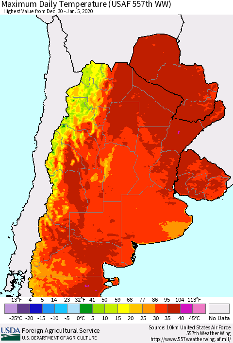 Southern South America Maximum Daily Temperature (USAF 557th WW) Thematic Map For 12/30/2019 - 1/5/2020