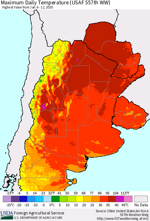 Southern South America Maximum Daily Temperature (USAF 557th WW) Thematic Map For 1/6/2020 - 1/12/2020