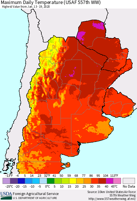 Southern South America Maximum Daily Temperature (USAF 557th WW) Thematic Map For 1/13/2020 - 1/19/2020