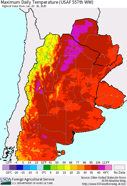 Southern South America Maximum Daily Temperature (USAF 557th WW) Thematic Map For 1/20/2020 - 1/26/2020