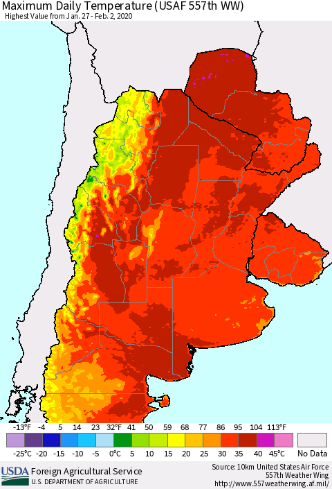 Southern South America Maximum Daily Temperature (USAF 557th WW) Thematic Map For 1/27/2020 - 2/2/2020