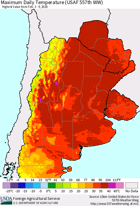 Southern South America Maximum Daily Temperature (USAF 557th WW) Thematic Map For 2/3/2020 - 2/9/2020