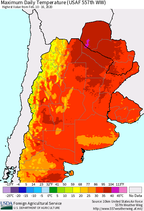 Southern South America Maximum Daily Temperature (USAF 557th WW) Thematic Map For 2/10/2020 - 2/16/2020