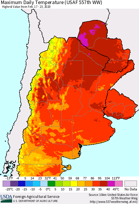 Southern South America Maximum Daily Temperature (USAF 557th WW) Thematic Map For 2/17/2020 - 2/23/2020
