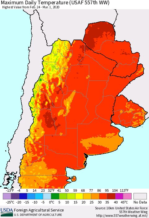 Southern South America Maximum Daily Temperature (USAF 557th WW) Thematic Map For 2/24/2020 - 3/1/2020