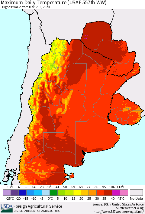 Southern South America Maximum Daily Temperature (USAF 557th WW) Thematic Map For 3/2/2020 - 3/8/2020