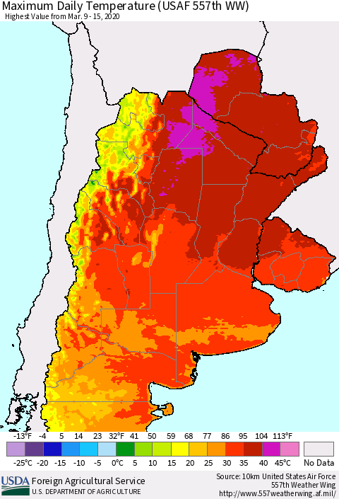 Southern South America Maximum Daily Temperature (USAF 557th WW) Thematic Map For 3/9/2020 - 3/15/2020