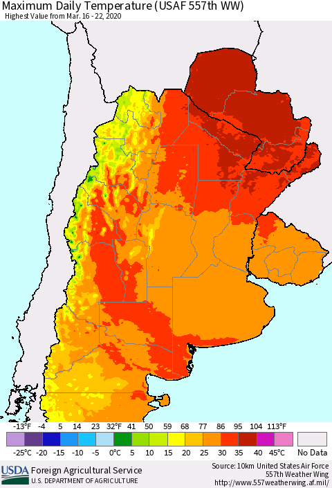 Southern South America Maximum Daily Temperature (USAF 557th WW) Thematic Map For 3/16/2020 - 3/22/2020