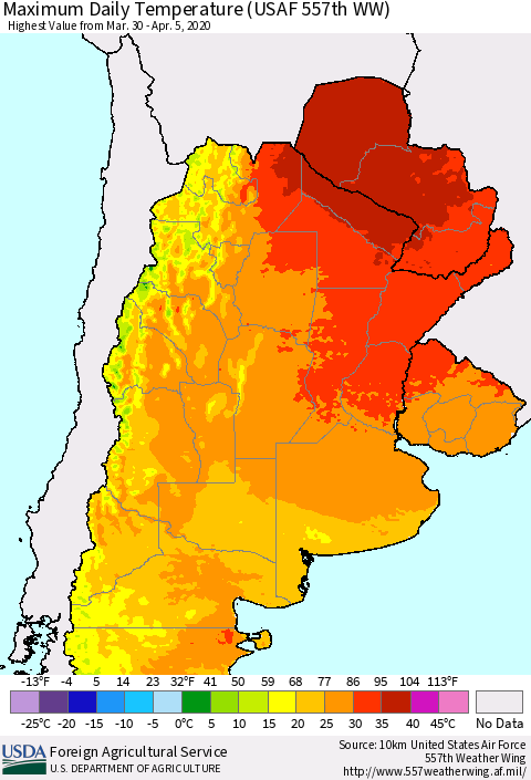 Southern South America Maximum Daily Temperature (USAF 557th WW) Thematic Map For 3/30/2020 - 4/5/2020