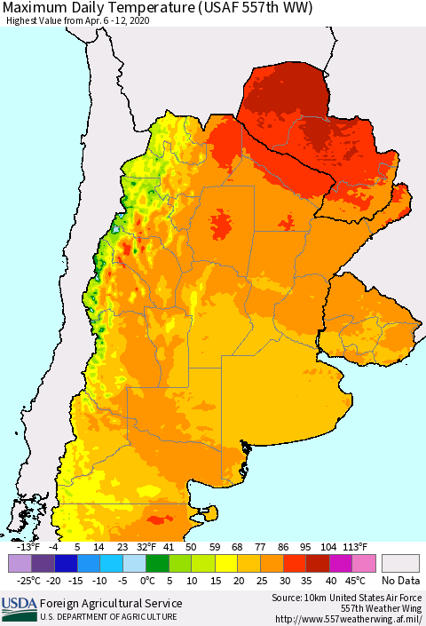 Southern South America Maximum Daily Temperature (USAF 557th WW) Thematic Map For 4/6/2020 - 4/12/2020