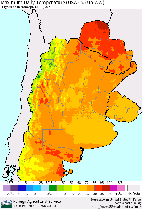 Southern South America Maximum Daily Temperature (USAF 557th WW) Thematic Map For 4/13/2020 - 4/19/2020