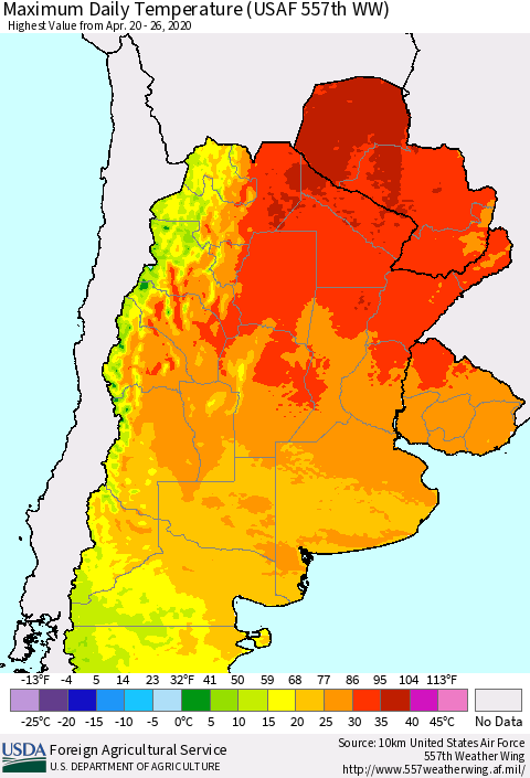 Southern South America Maximum Daily Temperature (USAF 557th WW) Thematic Map For 4/20/2020 - 4/26/2020