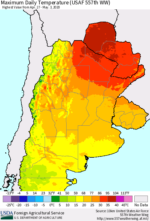 Southern South America Maximum Daily Temperature (USAF 557th WW) Thematic Map For 4/27/2020 - 5/3/2020