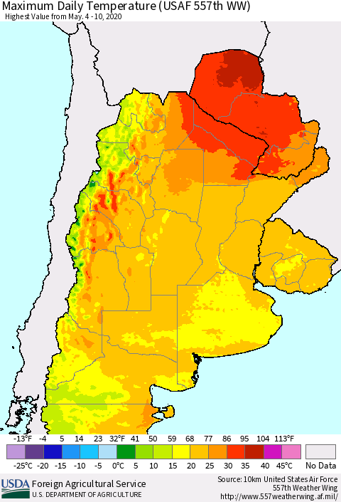Southern South America Maximum Daily Temperature (USAF 557th WW) Thematic Map For 5/4/2020 - 5/10/2020