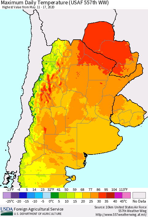 Southern South America Maximum Daily Temperature (USAF 557th WW) Thematic Map For 5/11/2020 - 5/17/2020