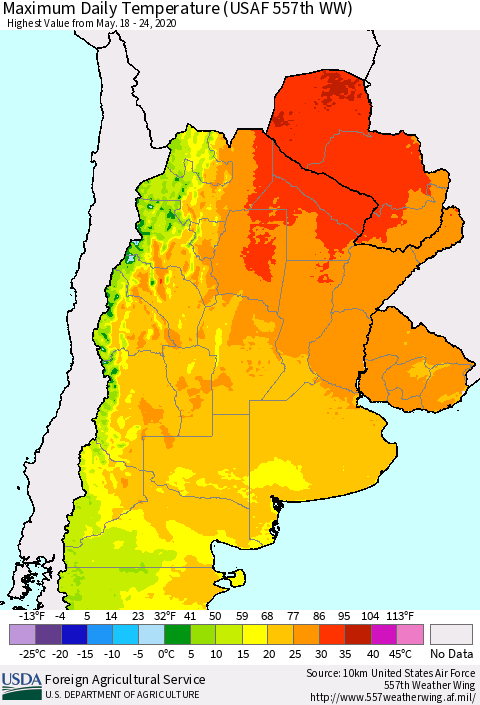 Southern South America Maximum Daily Temperature (USAF 557th WW) Thematic Map For 5/18/2020 - 5/24/2020