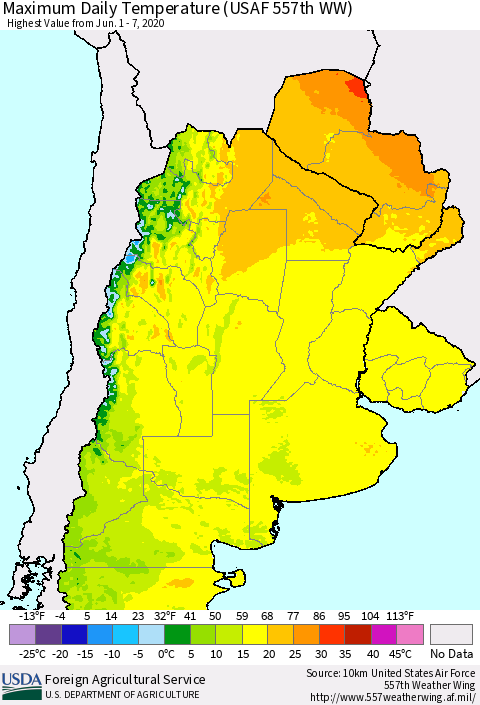 Southern South America Maximum Daily Temperature (USAF 557th WW) Thematic Map For 6/1/2020 - 6/7/2020
